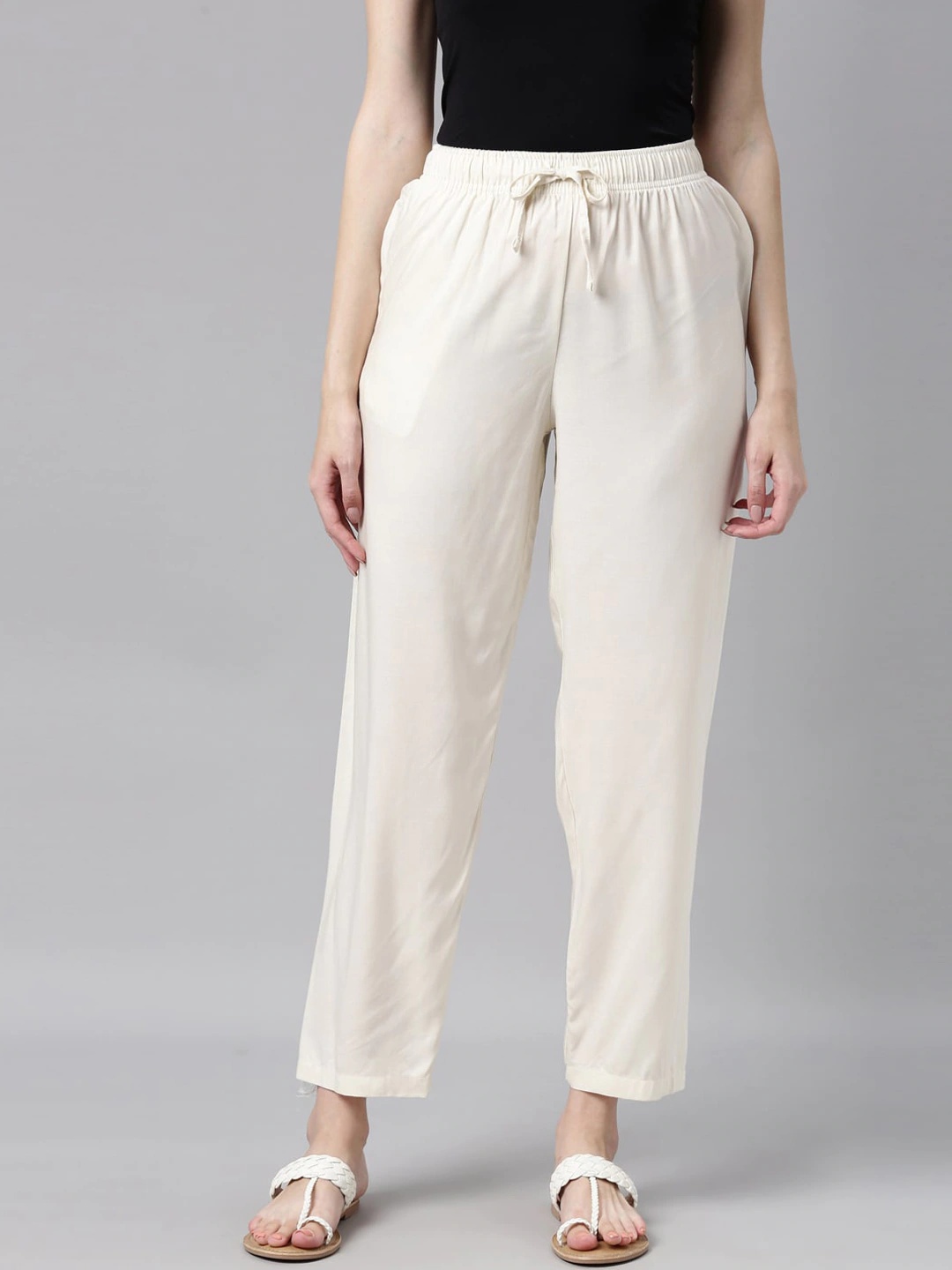 Off White Rayon Plain Women Pant-40493